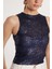 Kadın Slim Fit Dar Kesim Sıfır Kol Payetli Halter Yaka Lacivert Bluz 3