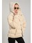 Kadın Kapüşonlu Peluş Kabartma Şişme Mont - Taş Rengi 4