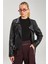Kadın Kruvaze Yaka Suni Deri Mont - Siyah 1