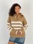 Kadın Çizgili Figürlü Düğmeli Camel Triko Kazak 5