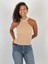 Kadın Boğazlı Yaka Kolsuz Fitilli Bej Crop Triko Bluz 2
