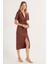 Kadın Slim Fit Dar Kesim Kısa Kollu V Yaka Kahverengi Elbise 1