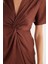 Kadın Slim Fit Dar Kesim Kısa Kollu V Yaka Kahverengi Elbise 3