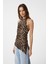 Kahve Asimetrik Leopar Desenli Sırt Dekolteli Kadın Top 1