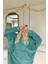 Koyu Mint Kapşonlu Tam Peluş Oversize Sweat Panço Pijama 4
