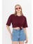 Kadın Bordo Yuvarlak Yaka Oversize Yandan Yırtmaçlı T-shirt Tişört 1
