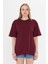 Kadın Bordo Yuvarlak Yaka Oversize Yandan Yırtmaçlı T-shirt Tişört 2