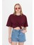 Kadın Bordo Yuvarlak Yaka Oversize Yandan Yırtmaçlı T-shirt Tişört 3