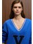 DIVINE Kadın V Yakalı Nakış Ve Patch Detaylı Mavi Sweatshirt 2
