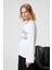 DAZULU Kadın Yumuşak Kumaşlı Baskılı Uzun Kollu Beyaz T-Shirt 4