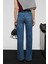 FABLE Kadın Straıght Fit Paçası Dikişsiz Bitişli Denim Koyu Mavi Jeans 5