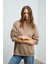 KARIUS Kadın Organik Pamuklu İçi Polarlı Oversize Yuvarlak Yakalı Açık Kahverengi Sweatshirt 5