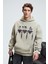 ARMAND Erkek Kapüşonlu Kanguru Cepli Önü Baskılı Oversize Taş Rengi Sweatshirt 1