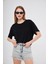 Siyah Baskısız Düz Bisiklet Yaka Kadın Oversize T-Shirt 3