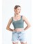Yeşil Fitilli Kare Yaka Esnek Örme Crop Büstiyer Atlet 2