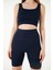 Lacivert Yüksek Bel Toparlayıcı Kısa Şort Spor Fitilli Biker Tayt 6