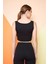 Siyah Fitilli Kare Yaka Esnek Örme Crop Büstiyer Atlet 4