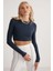 Essie Kadın Bisiklet Yaka Slim Fit Uzun Kollu Crop Petrol Mavisi Büstiyer 1