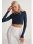 Essie Kadın Bisiklet Yaka Slim Fit Uzun Kollu Crop Petrol Mavisi Büstiyer 5