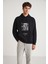 TORONTO Erkek Kapüşonlu %100 Pamuk Baskı Detaylı Siyah Sweatshirt 7