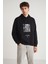 TORONTO Erkek Kapüşonlu %100 Pamuk Baskı Detaylı Siyah Sweatshirt 9