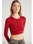 JOVANA Kadın Bisiklet Yaka Esnek Uzun Kollu Crop Kırmızı Bluz 6