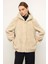 Kapüşonlu Fermuar Kapamalı Kürk Görünümlü Exclusive Ceket Bej 1009 1