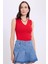 Kadın Slim Fit Dar Kesim V Yaka Sıfır Kol Pamuklu Ribanalı Kırmızı Bluz 5