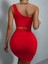Tek Omuz Askılı Sırt Göbek Dekolteli Seksi Kadın Kırmızı Mini Elbise 2