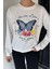 Kadın Bisiklet Yaka Kelebek Baskılı Taş Işlemeli Sweatshirt P-00018830 2