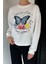 Kadın Bisiklet Yaka Kelebek Baskılı Taş Işlemeli Sweatshirt P-00018830 3