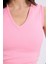 Kadın Slim Fit Dar Kesim V Yaka Sıfır Kol Pamuklu Ribanalı Pembe Bluz 3