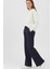 Pamuklu Kadın Eşofman Altı Yüksek Bel Lacivert Flare Fit Geniş Paça Ipli Cepli Esnek Yumuşak Likra 6