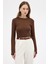 Kahve Premium/Viskoz Yumuşak Kumaşlı Parmak Geçmeli Crop Bluz 8162A 2