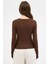 Kahve Premium/Viskoz Yumuşak Kumaşlı Parmak Geçmeli Crop Bluz 8162A 6