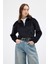 Siyah Kadın Peluş Yarım Fermuarlı Crop Sweatshirt 3056A 2