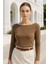 Kadın Kahverengi Kayık Yaka Uzun Kollu Bluz 4
