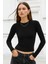Kadın Siyah Bisiklet Yaka Esnek Kumaşlı Vücuda Oturan Slim Fit Uzun Kollu Crop Body 2