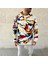 Erkek Yarım Fermuarlı Desenli Polar Sweat – Renkli Abstract Desen Yakalı, Uzun Kollu, Oversize Rahat Kalıp, - Beyaz 3