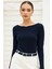 Kadın Lacivert Kayık Yaka Uzun Kollu Bluz 1