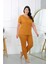 Kadın Büyük Beden Kısa Kol Penye Pijama Takımı Hardal 3