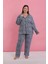 Kadın Büyük Beden Mavi Leopar Desenli Düğmeli Pijama Takımı 2