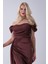 Kahve Drape Detaylı Saten Kumaş Abiye Elbise 9704858.05 6