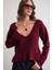 6954 Kadın Fırfır Detaylı V Yaka Triko Kazak Bordo 3