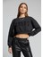 Kadın Antrasit Crop Sweatshirt , Yeni Sezon Pamuklu Yazı Detaylı Kadın Sweatshirt 1