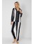 Kadın Uzun Kollu Kışlık Saten Pijama Takımı – Siyah Beyaz Çizgili, Gömlek Yaka, Biyeli 3