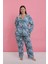 Kadın Büyük Beden Mavi Tropikal Desenli Düğmeli Pijama Takımı 1
