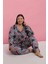 Kadın Büyük Beden Somon Yaprak Desenli Düğmeli Pijama Takımı 5