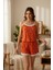 Kadın Turuncu Kalp Desenli Askılı Şortlu Dantelli Pijama Takımı 6