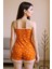 Kadın Turuncu Kalp Desenli Askılı Şortlu Dantelli Pijama Takımı 8